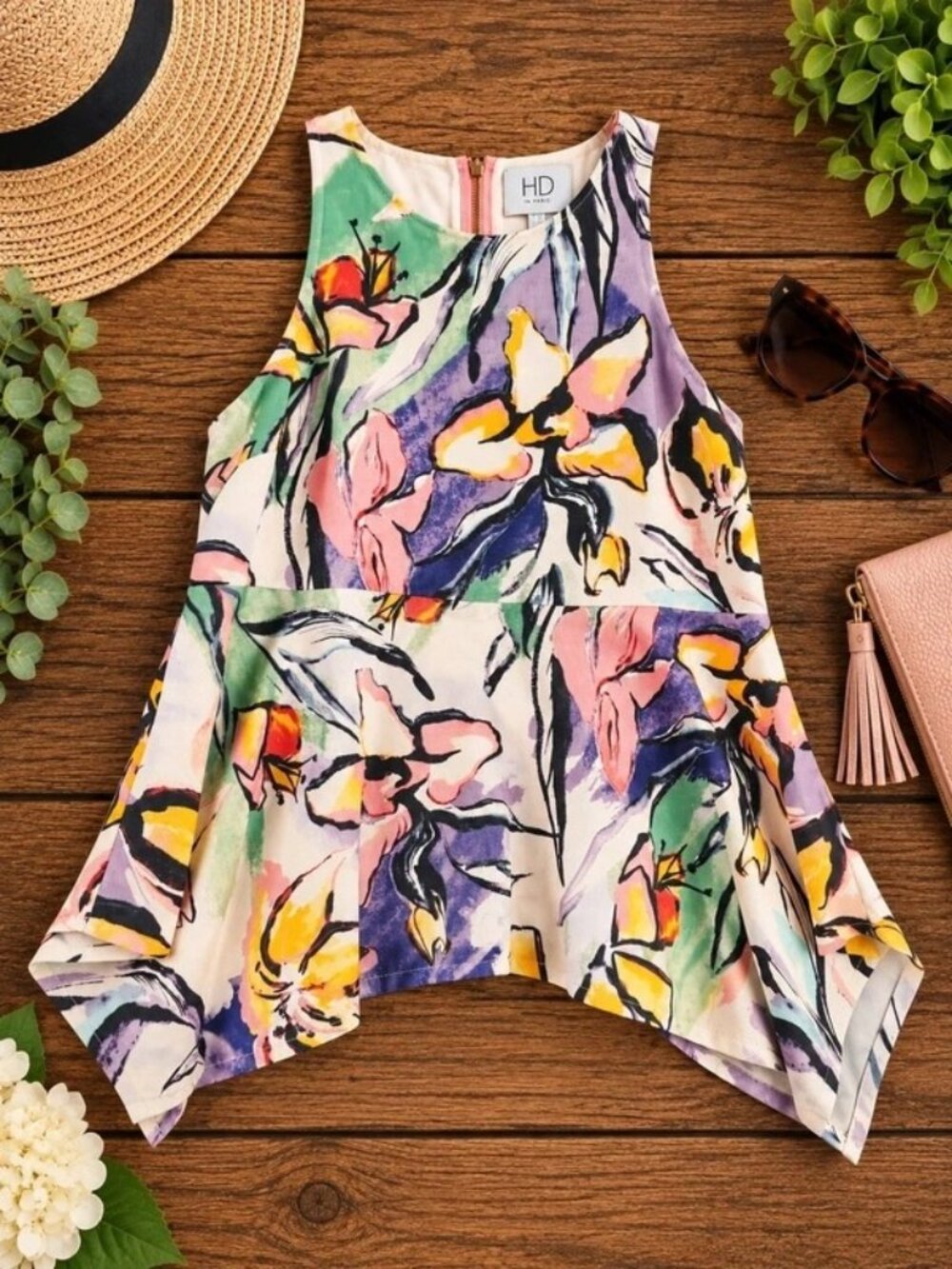 HD in Paris Floral Watercolor Handkerchief Hem Top Size 0 Anthropologie